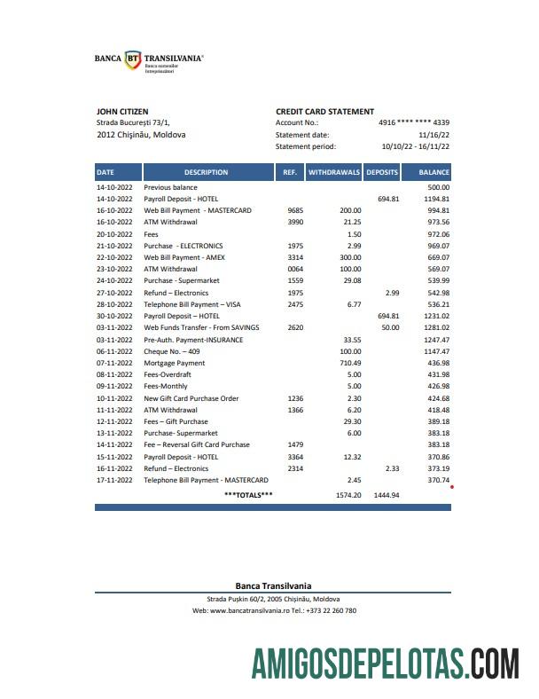 Imprimível Moldova Banca Transilvania Extrato bancário Excel e modelo PDF